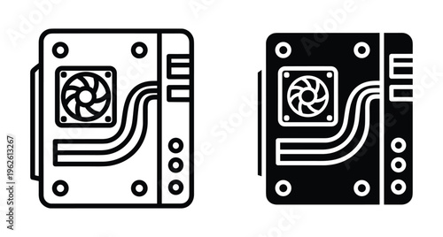 Computer case icon set showing desktop PC tower with cooling fan and internal hardware components in outline and solid styles