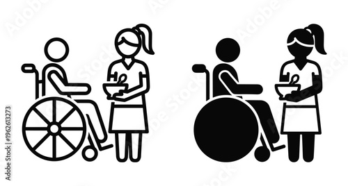 Caregiver feeding disabled patient in wheelchair icon set showing nurse assisting elderly or handicapped person with meal in hospital clinic