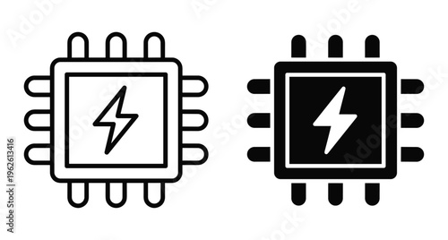 CPU microprocessor chip icon set with lightning bolt symbol representing power energy performance hardware technology electronic component digital processing unit