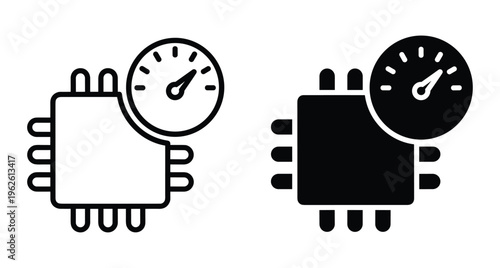 CPU performance icon showing microchip with speedometer gauge for overclocking hardware speed monitoring system optimization computer processor technology data processing
