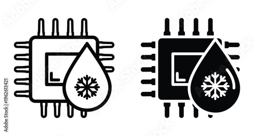 Computer processor chip with liquid cooling drop and snowflake icon representing hardware thermal management system for high performance gaming pc