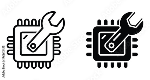 CPU microchip repair icon set showing hardware maintenance service with wrench tool for computer processor technical support and electronic engineering