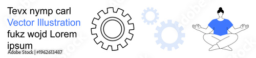 Meditation, mindfulness, creativity, design process, teamwork, motivation. Female figure meditating, gears ideas text block. Mindfulness and creativity