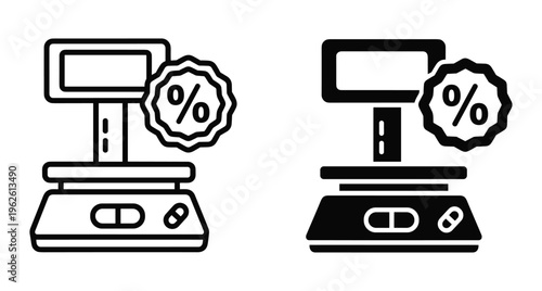 Digital weighing scale icons with percentage discount badge for retail commerce shopping grocery store measurement equipment outline and solid style