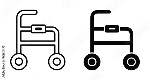 Walker rollator mobility aid icon set for elderly care medical equipment disability support rehabilitation physical therapy assistance walking frame wheels
