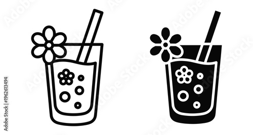 Tropical cocktail glass icon set with straw and flower garnish for summer drinks juice bar menu design and vacation travel