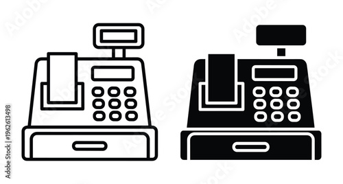 cash register icon set featuring outline and solid glyph styles for retail point of sale payment systems and business commerce