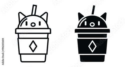 Cat themed drink cup icon set with straw and ears in outline and solid black styles for cafe branding and menu design
