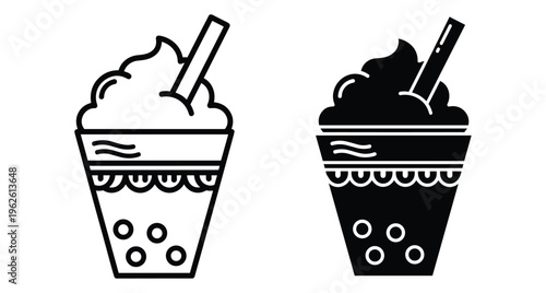 Bubble tea icon set featuring boba milk tea with whipped cream and straw in line art and solid black style