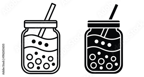 Bubble tea boba drink in mason jar with straw icon set outline and solid black vector illustration for cafe menu