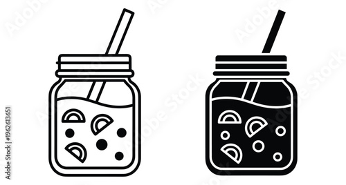 Mason jar drink icon set with straw and fruit slices for summer beverage menu design and healthy smoothie cafe branding