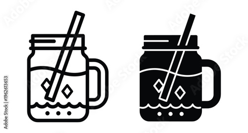 Mason jar bubble tea icon set with straw ice and boba pearls for cafe menu design cold drink beverage symbol