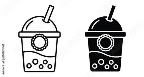 Bubble tea cup icon set with straw and pearls in outline and solid black style for cafe menu design