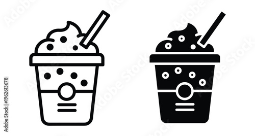 Milkshake icon set featuring frappe cup with whipped cream and straw in line and solid glyph style for cafe menu