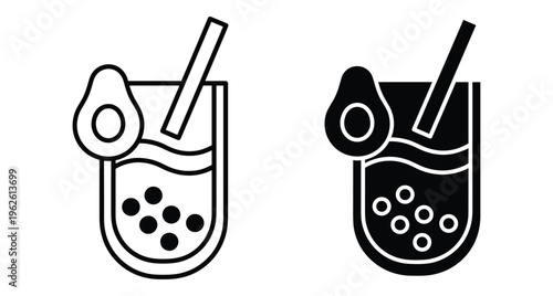 Avocado bubble tea icon set featuring boba pearls and straw in glass for cafe menu design and avocado bubble tea
