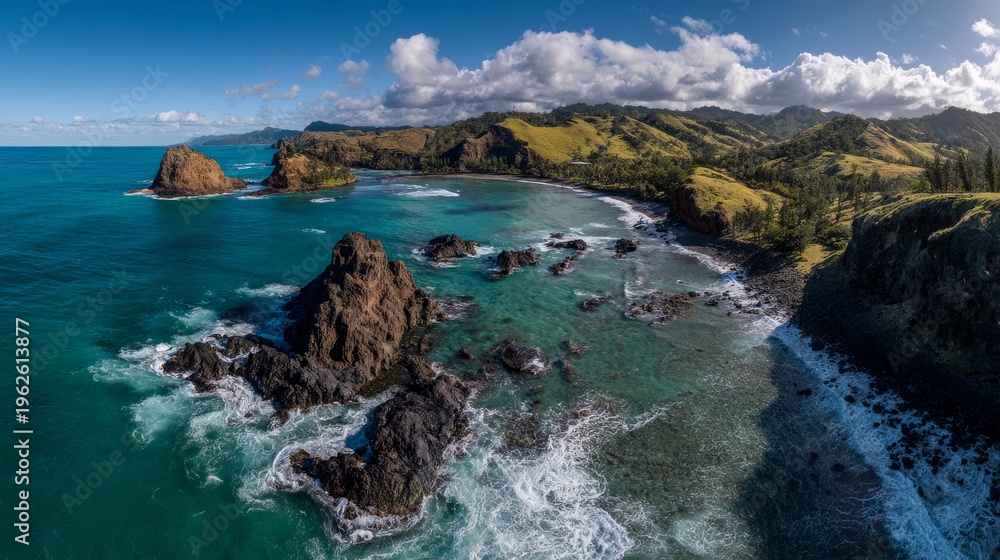 Fototapeta premium Waves crash on rugged coastline with green hills under a blue sky at a remote location
