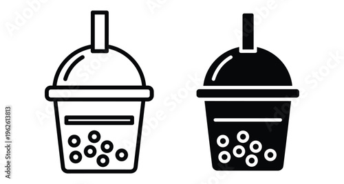 Bubble tea cup icon set with straw and tapioca pearls in outline and solid black style for cafe menu design