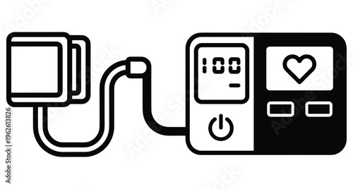 Digital blood pressure monitor icon with cuff and heart rate display for medical health tracking and hypertension diagnostic equipment illustration