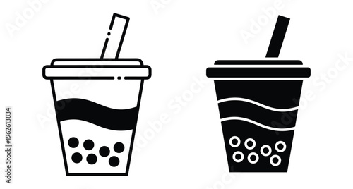 Bubble tea icon set featuring boba milk tea cups with straws and tapioca pearls in outline and solid black styles