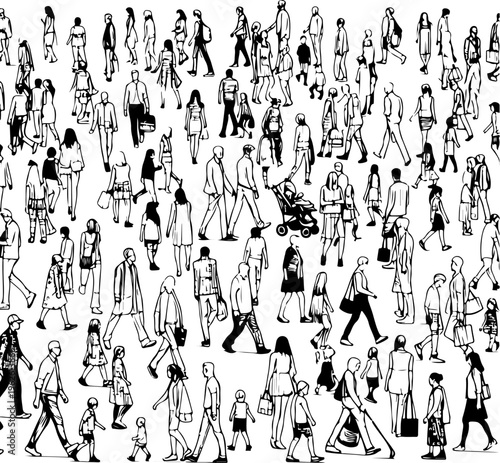Monochrome Crowd of Pedestrians Walking in Different Directions for Urban Lifestyle, Population and Social Movement Concept Design baground.