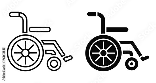 Wheelchair icon set featuring outline and solid black glyph styles for medical accessibility disability mobility equipment healthcare and hospital signage