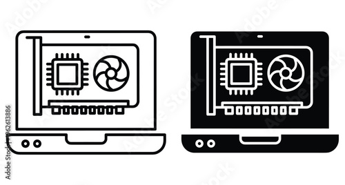 Laptop computer with graphics card GPU hardware icon set showing internal processing unit chip and cooling fan for gaming performance