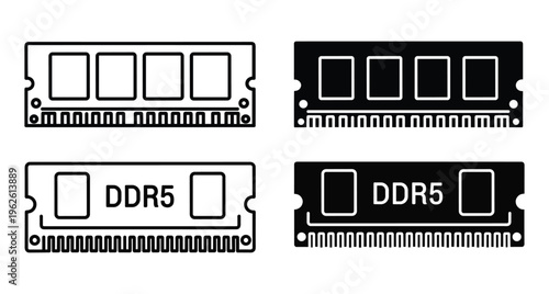 Computer RAM memory module icons set featuring DDR5 hardware components in outline and solid black silhouette styles for technology design