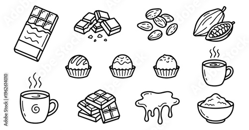 Chocolate and cocoa doodle icon set, hand drawn vector illustration of cocoa beans, chocolate bars and hot cocoa cup