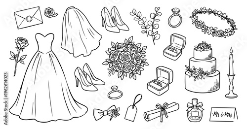 Wedding collection of 18 hand drawn outline sketch illustrations, elegant bridal elements set on white background