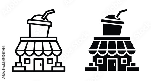Juice bar shop icon set with smoothie cup on roof building storefront outline and solid black vector graphic design