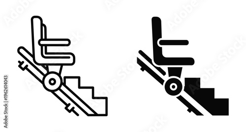 Stairlift icon set for accessibility and mobility assistance showing chair lift mechanism on stairs for elderly and disabled people home