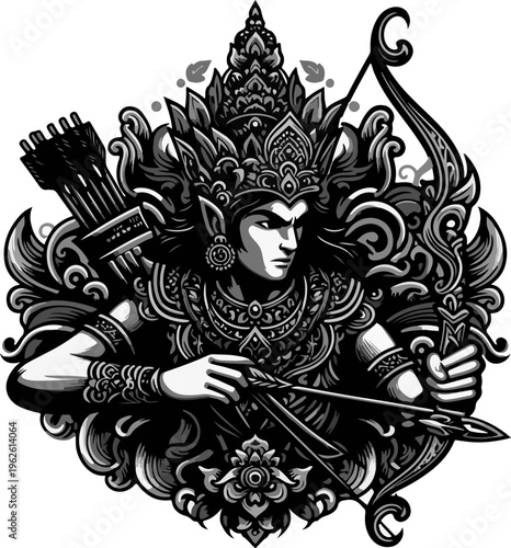 oyal Emblem of Focus Black and Gold Illustration of a Balinese God Concentrating on the Target, Symbolizing Precision and Determination