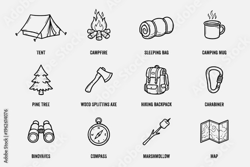 Camping doodle icon set, 16 hand drawn vector illustrations of tent, campfire and hiking gear in grid on white