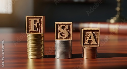 FSA wooden blocks on coin stacks representing financial savings and flexible spending accounts.