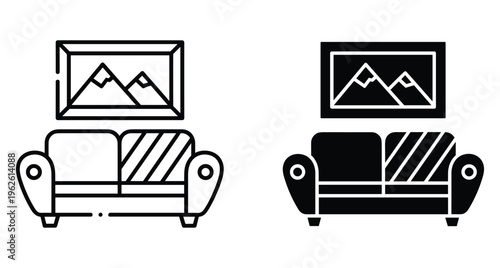 Sofa couch furniture icon set with wall picture frame mountain landscape painting for interior design living room home decor illustration