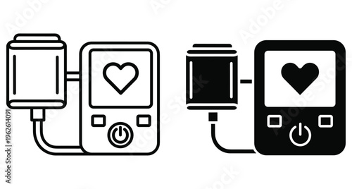 Digital blood pressure monitor icons showing heart rate and cuff for medical health tracking and hypertension diagnostic equipment set