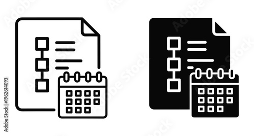 Project management planning icon set featuring document with flowchart and calendar for scheduling tasks workflow organization business strategy and deadline tracking