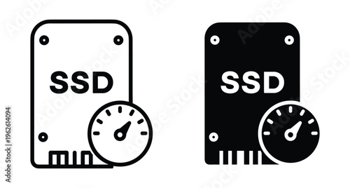 SSD solid state drive icon set with speedometer gauge representing high speed performance data storage technology hardware components for computers