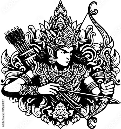 oyal Emblem of Focus Black and Gold Illustration of a Balinese God Concentrating on the Target, Symbolizing Precision and Determination 