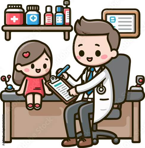 Pediatric Medical Checkup Illustration with Smiling Doctor and Child Patient in Friendly Hospital Room.