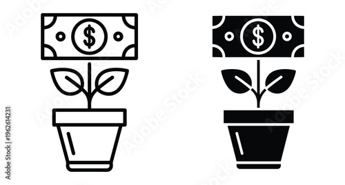Money plant growing in a pot icon set representing financial investment business growth profit savings wealth and economic success symbols