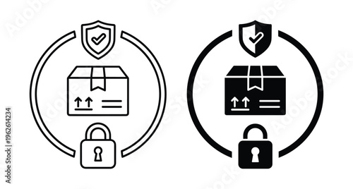 Secure delivery package icon set with cardboard box shield and padlock symbols for safe shipping logistics and parcel protection services