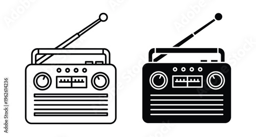 Retro portable radio icons set with antenna and tuning knobs in outline and solid black flat vector style for design