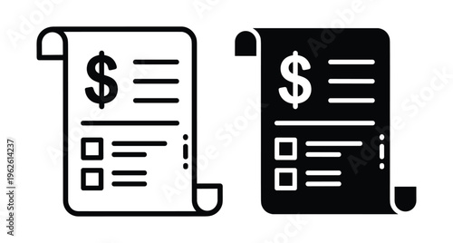 Bill invoice receipt icon set with dollar sign and checkboxes for financial accounting payment transaction business document outline and solid style