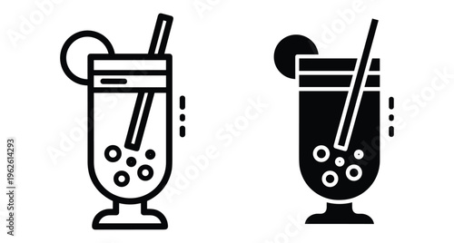 Bubble tea icon set featuring boba pearls straw and lemon slice in tall glass outline and solid black glyph style