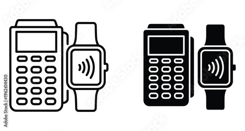 Contactless payment icons featuring a point of sale terminal and a smartwatch with wireless signal for digital mobile wallet transactions