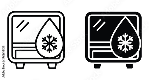 Refrigerator freezer cooling system icon set with water drop and snowflake symbols representing temperature control and frost free technology appliance