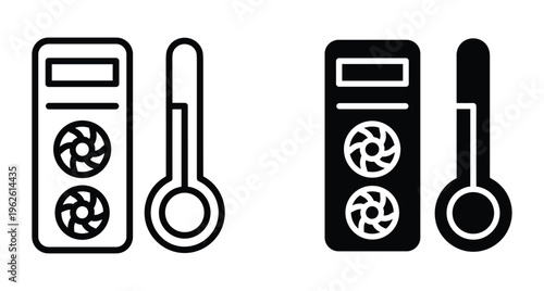 computer tower case cooling system icons with thermometer showing temperature monitoring for gaming pc hardware thermal management and server maintenance