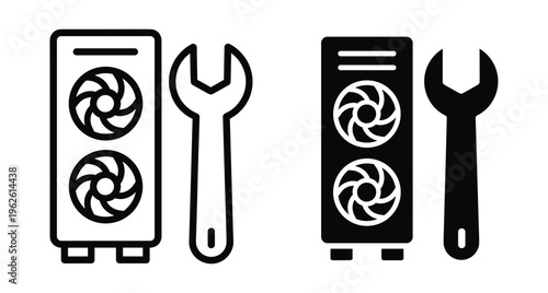 Computer repair service icon set featuring PC tower case with cooling fans and wrench tool for maintenance and technical support