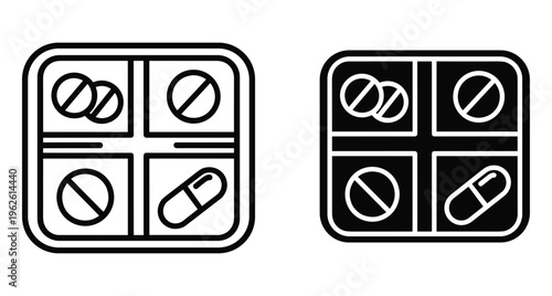 Pill box organizer icon set showing daily medication compartments with round tablets and capsule for healthcare pharmacy medical treatment schedule management